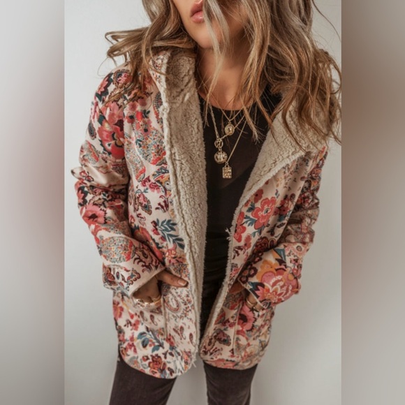 SaddleandSage Jackets & Blazers - Floral Patterned with Sherpa Lining Hooded jacket